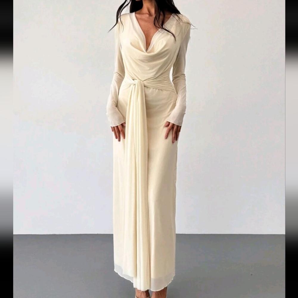 Long Sleeve Skin-Tight Mesh Apricot Color Dress - Picture 2 of 5